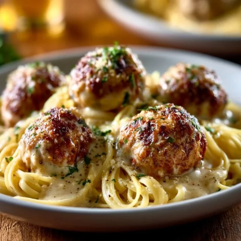 Delicious garlic butter meatballs on creamy parmesan linguine plate