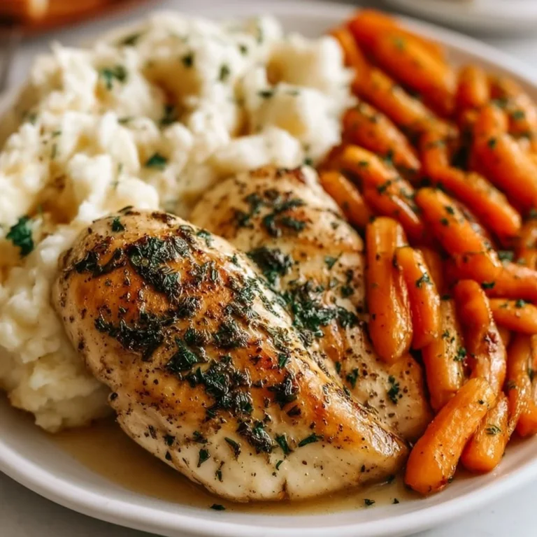 Delicious Garlic Herb Chicken with mashed potatoes and glazed carrots