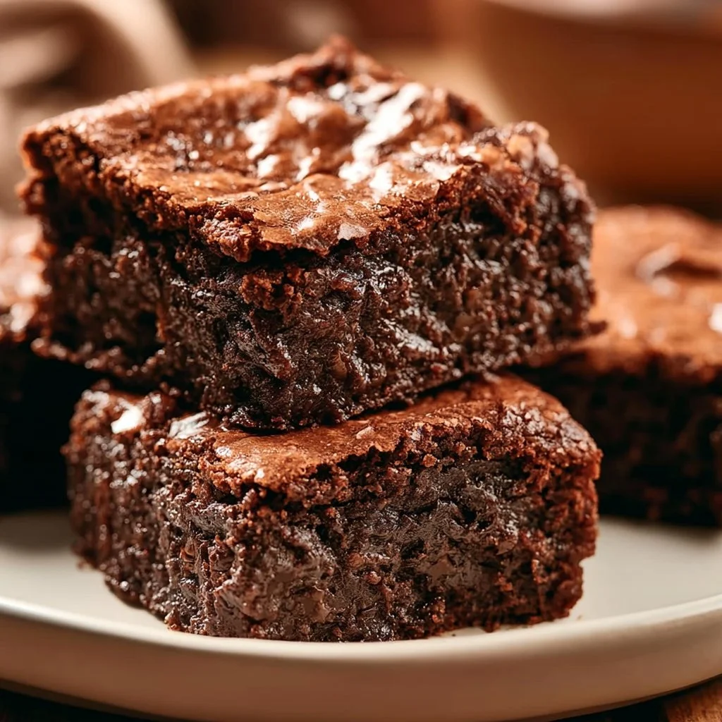 Delicious gooey fudge brownies cut into squares on a plate