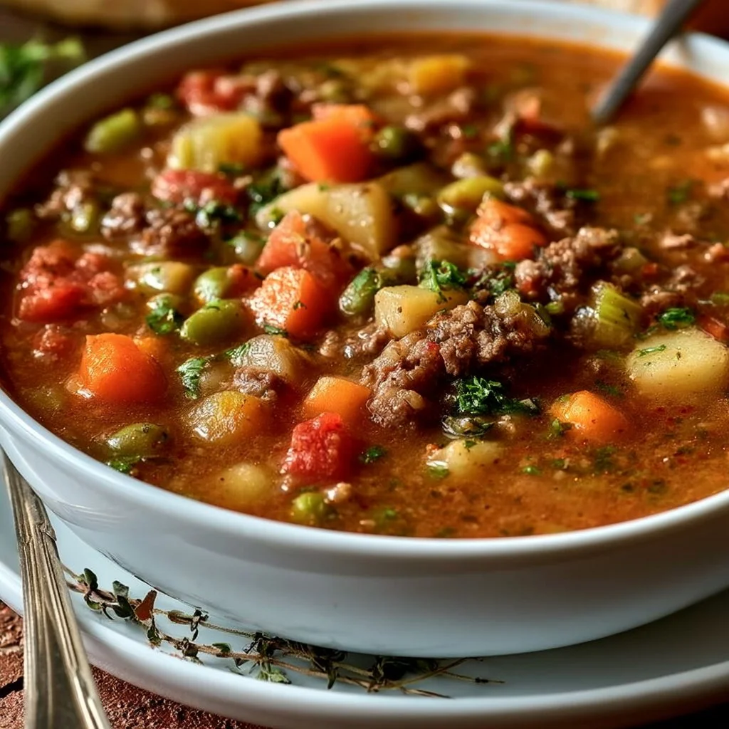Bowl of ground beef vegetable soup with fresh ingredients and herbs