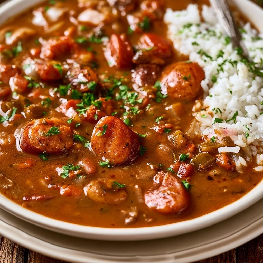Bowl of traditional gumbo served with rice and herbs