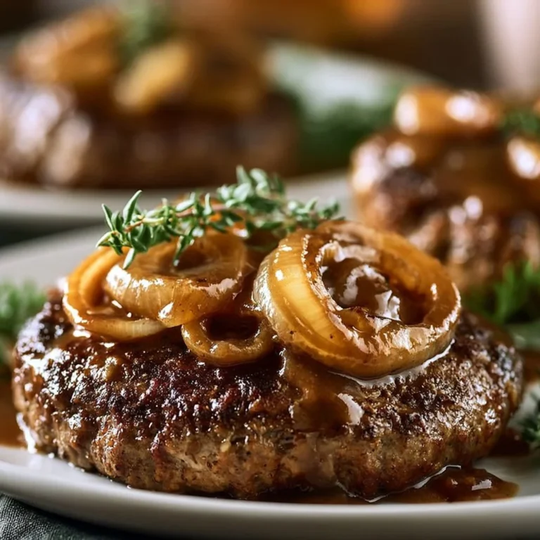 Delicious hamburger steaks served with savory onion gravy on a plate.