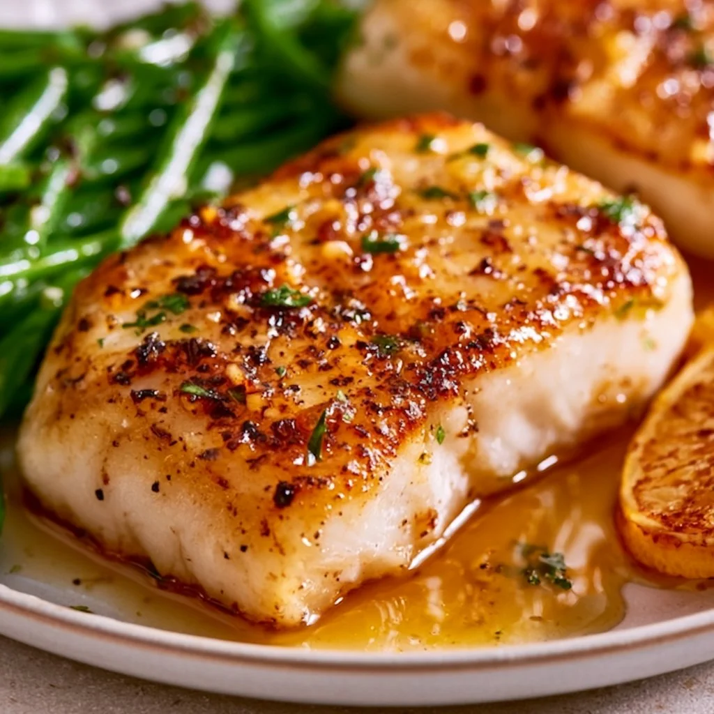 Healthy baked honey marinated cod served on a plate with vegetables