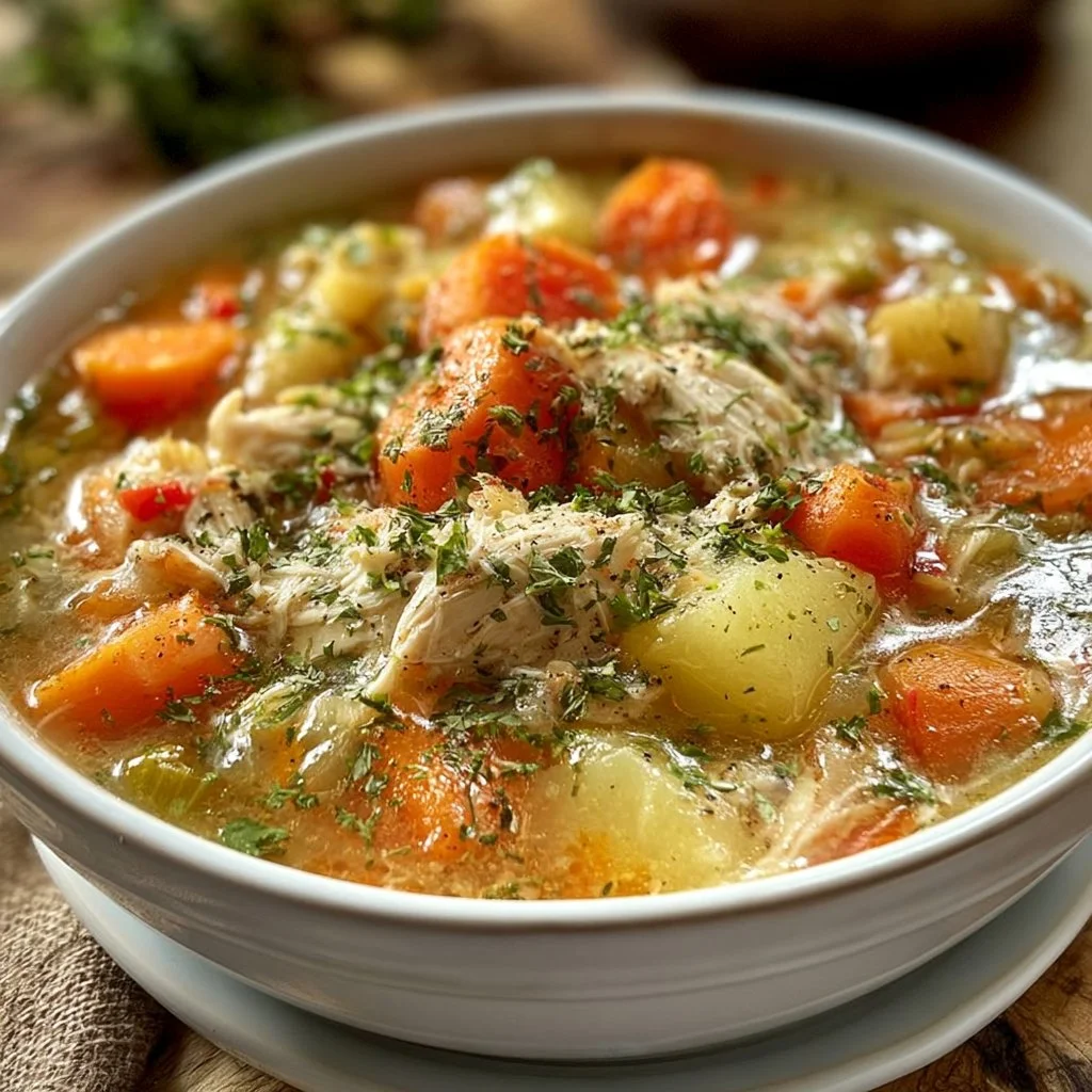Healthy chicken and vegetable soup served in a bowl with fresh herbs