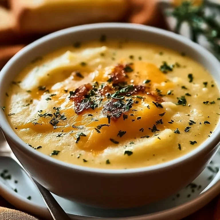 Bowl of hearty cheddar garlic herb potato soup garnished with fresh herbs
