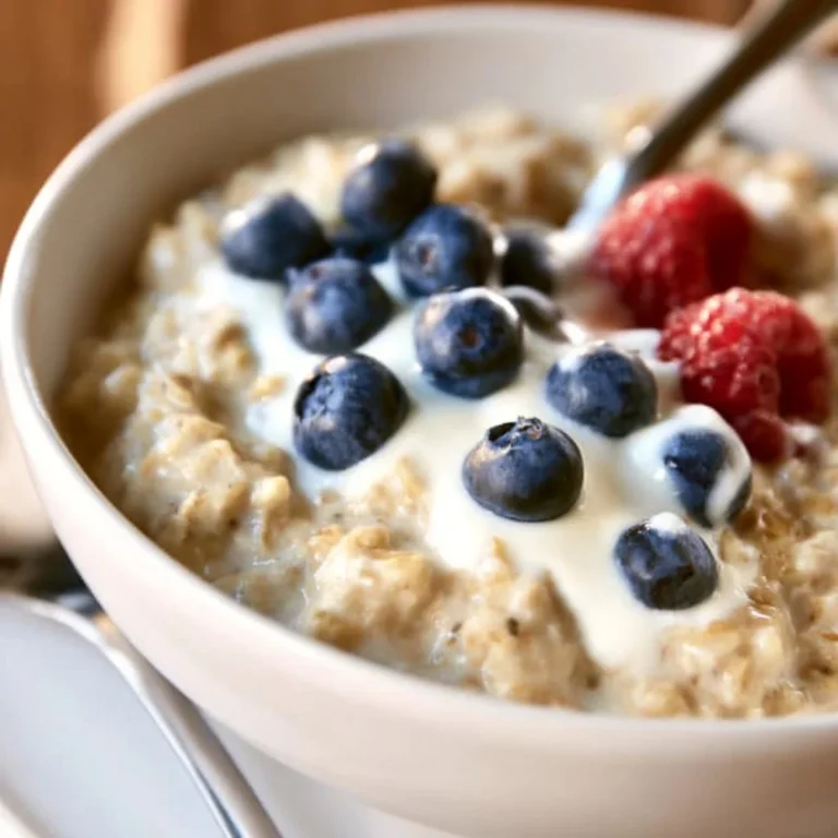Hearty oatmeal bowl topped with Greek yogurt and fresh fruits for breakfast.