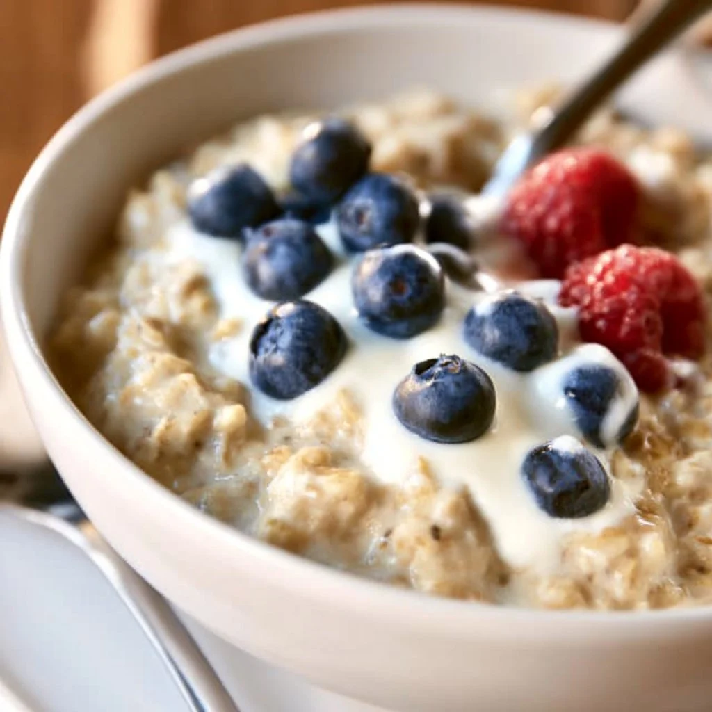 Hearty oatmeal bowl topped with Greek yogurt and fresh fruits for breakfast.