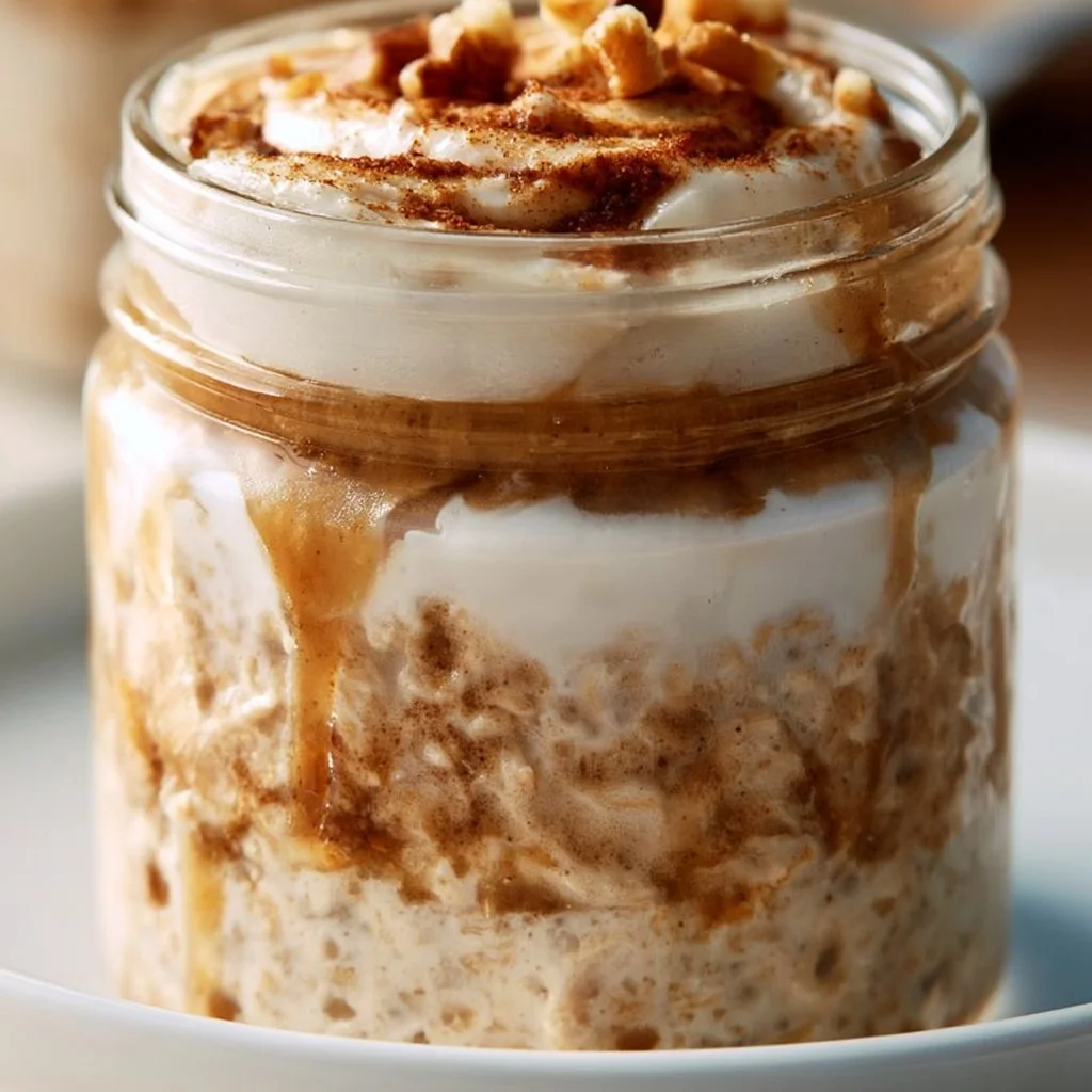 High Protein Cinnamon Roll Overnight Oats in a bowl with spices and toppings
