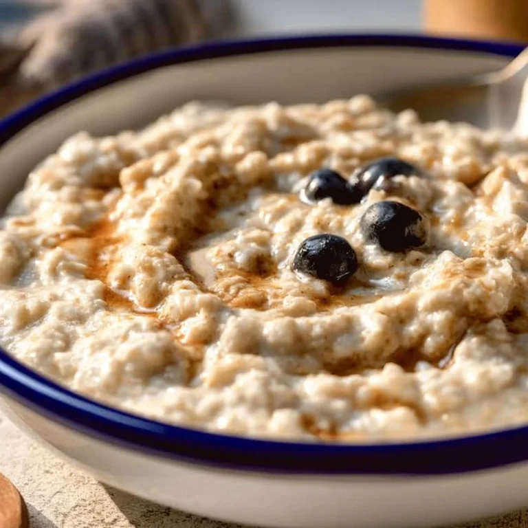 High-protein egg white oatmeal topped with fruits in a bowl