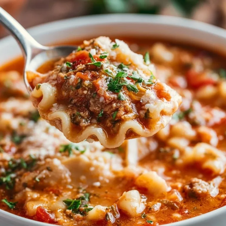High protein lasagna soup in a bowl, garnished with herbs and cheese