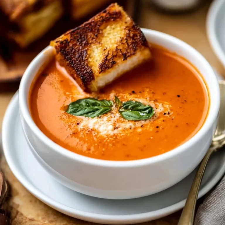 Bowl of homemade tomato basil soup garnished with fresh basil leaves.