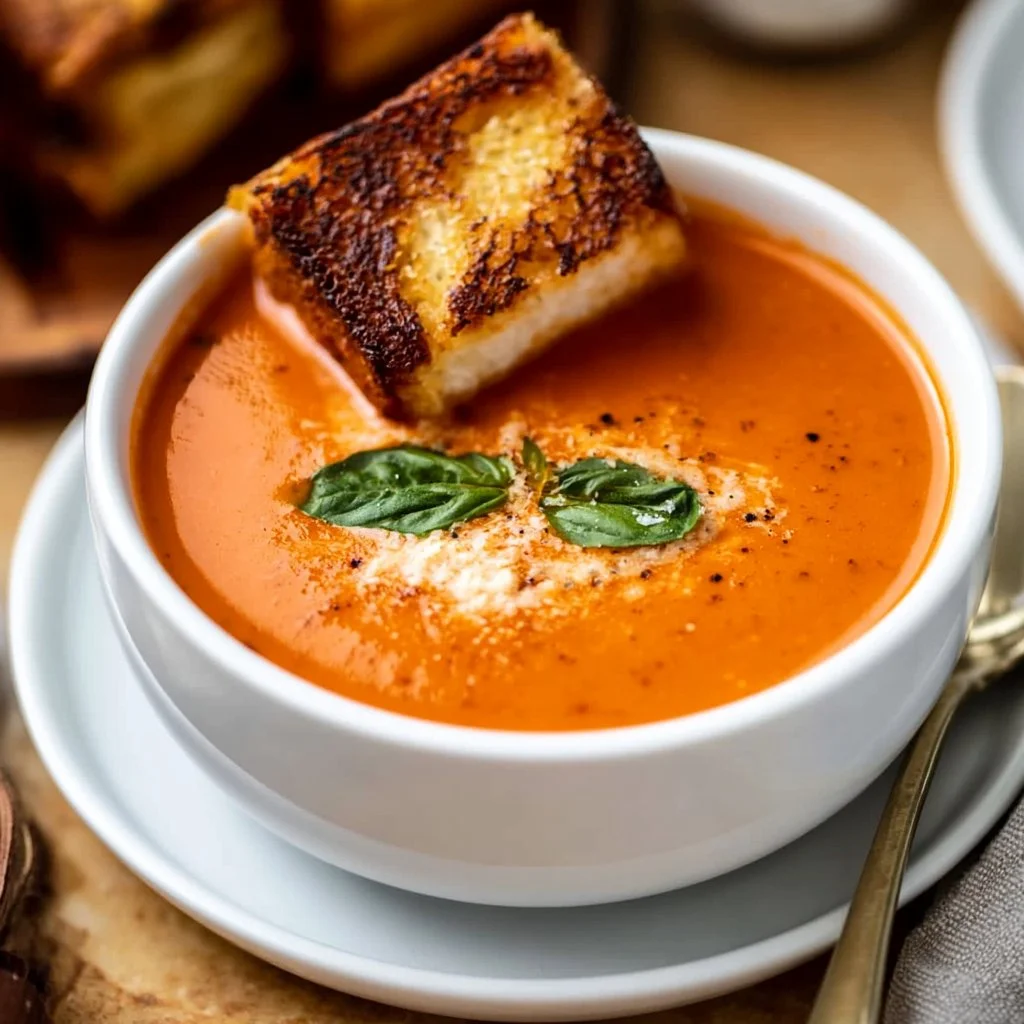 Bowl of homemade tomato basil soup garnished with fresh basil leaves.