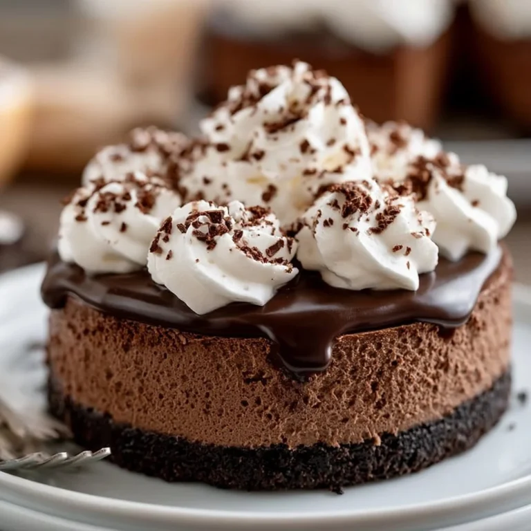 Delicious hot chocolate cheesecake with whipped cream and chocolate drizzle.