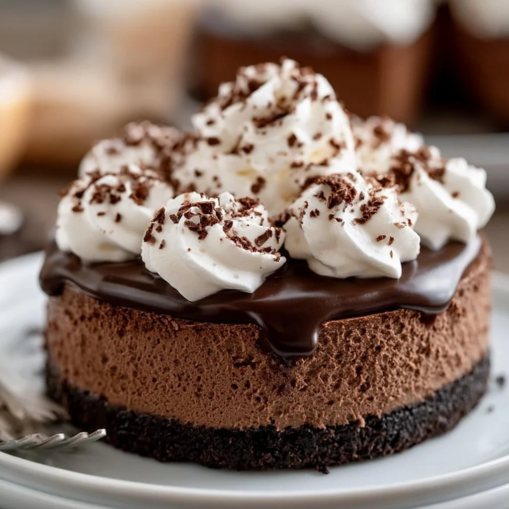 Delicious hot chocolate cheesecake with whipped cream and chocolate drizzle.