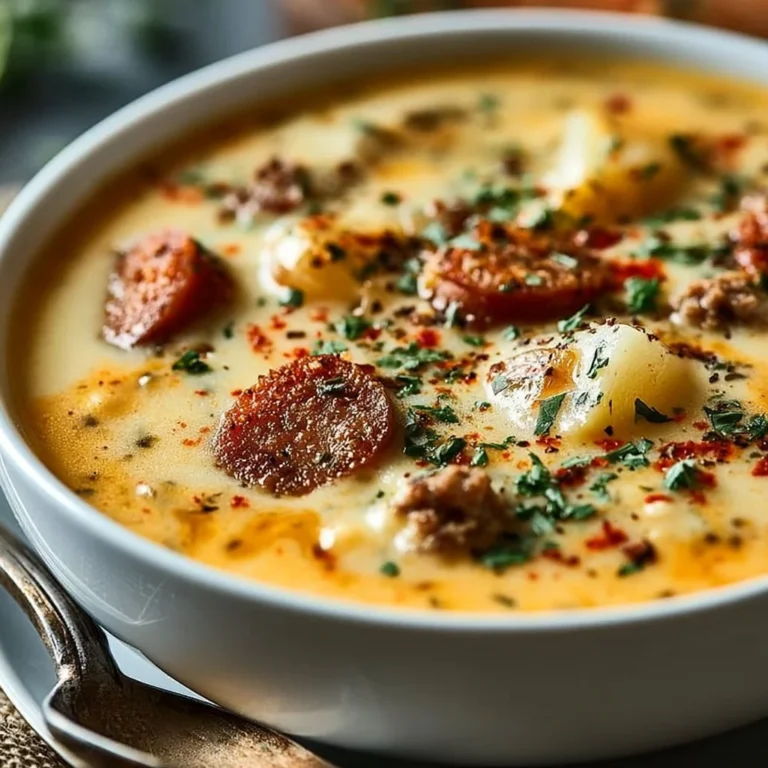 Indulgent beer cheese potato soup topped with sausage and garnished.