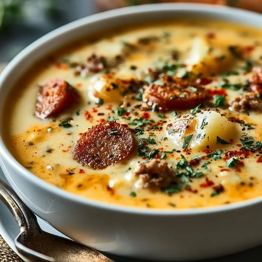 Indulgent beer cheese potato soup topped with sausage and garnished.