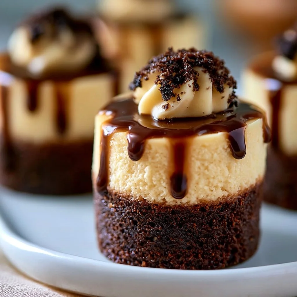 Indulgent brownie bottom mini cheesecakes topped with creamy frosting