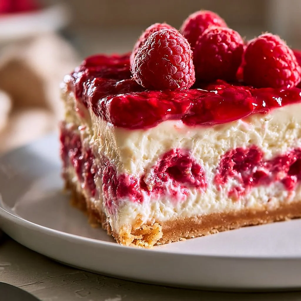 Indulgent creamy raspberry cheesecake topped with fresh raspberries