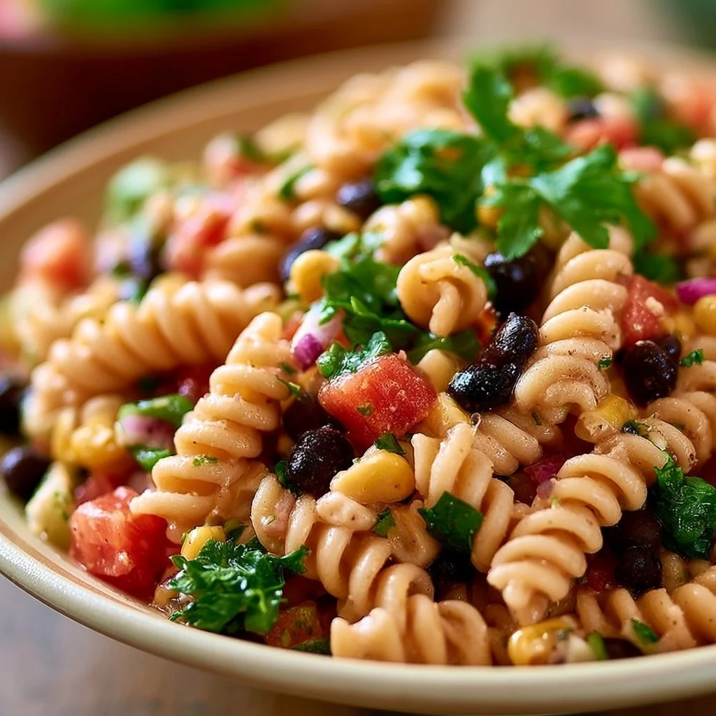 Delicious cowboy caviar pasta salad with fresh ingredients and vibrant colors.