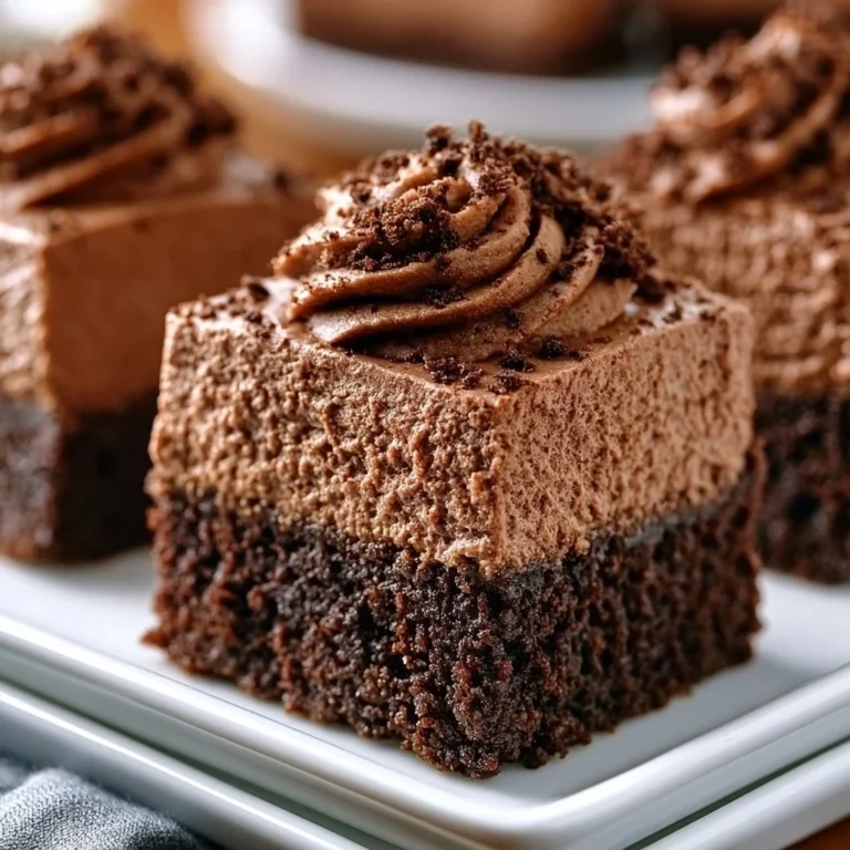 Delicious mousse-topped brownies on a plate, showcasing rich chocolate layers.