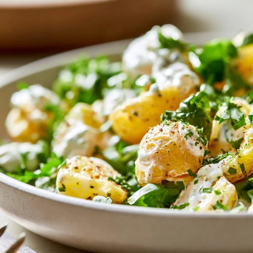 Jamie Oliver's creamy potato salad with yogurt served in a bowl