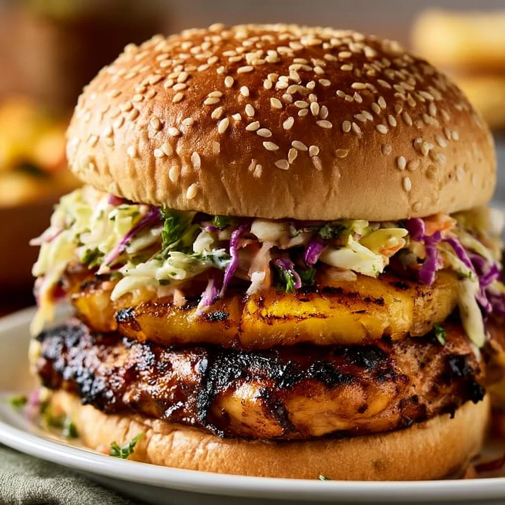 Delicious jerk chicken sandwich with grilled pineapple and coleslaw