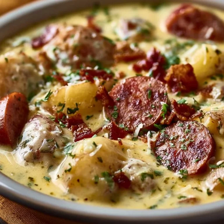 A delicious bowl of Kielbasa Potato Soup garnished with herbs.