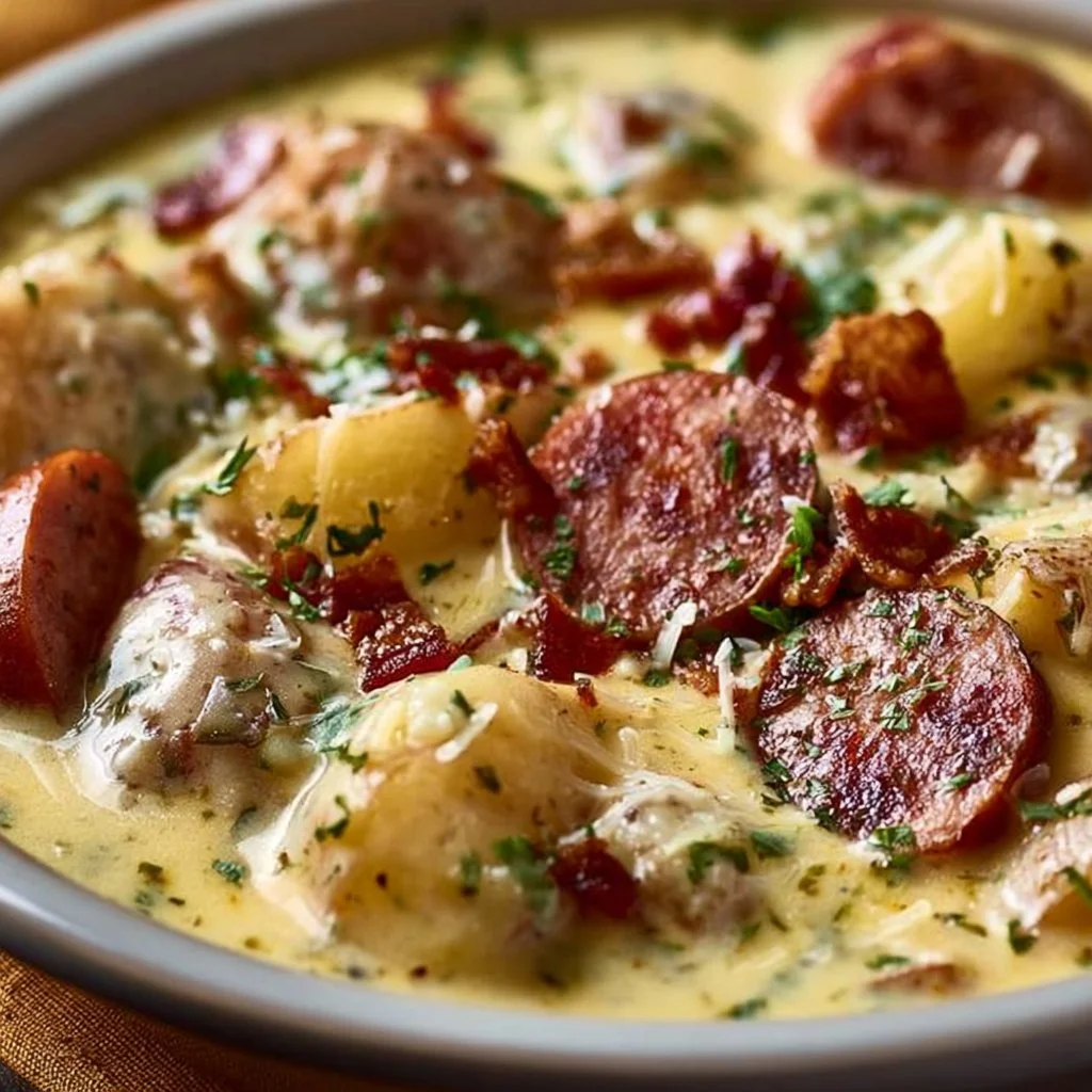 A delicious bowl of Kielbasa Potato Soup garnished with herbs.