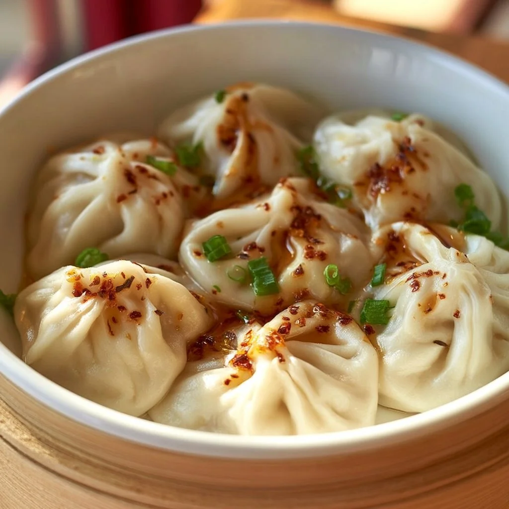 Close-up of delicious lazy soup dumplings served in a bamboo steamer