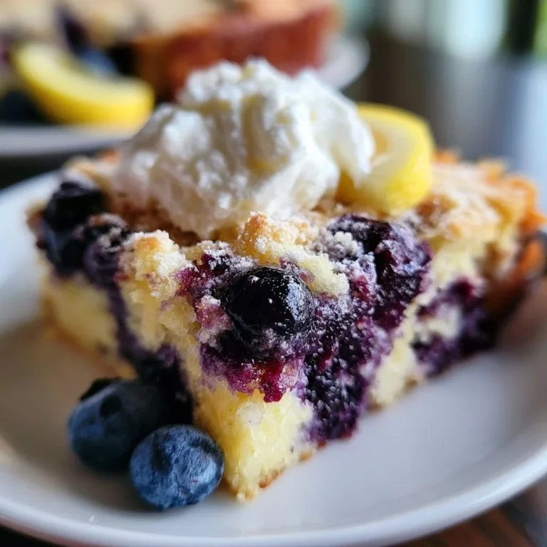 Lemon Blueberry Cheesecake Dump Cake served on a plate with blueberries and lemon slices