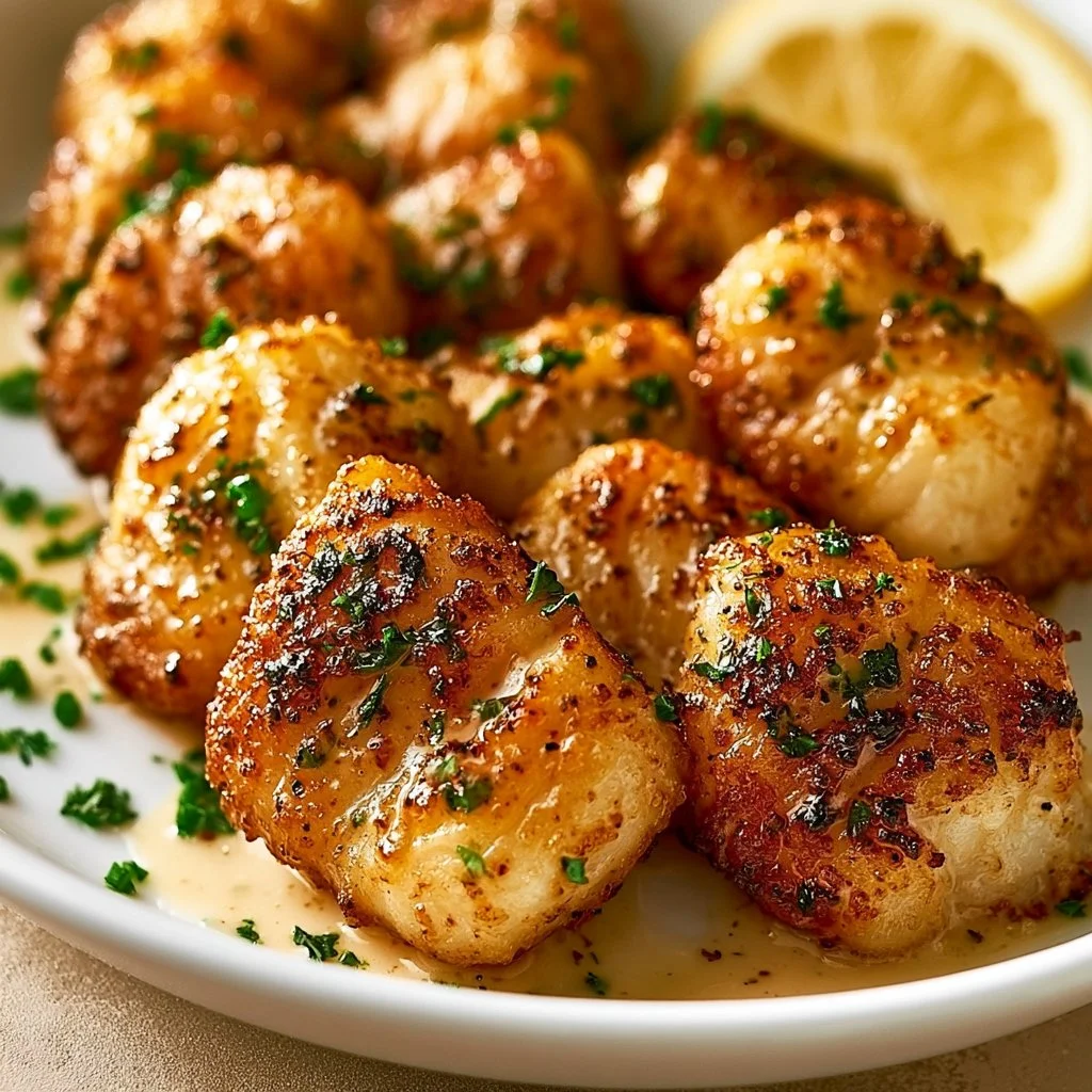 Lemon Butter Fish Bites served with fresh lemon slices and herbs