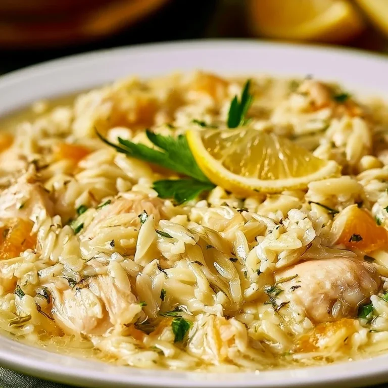 Bowl of Lemon Chicken Orzo with herbs and lemon slices