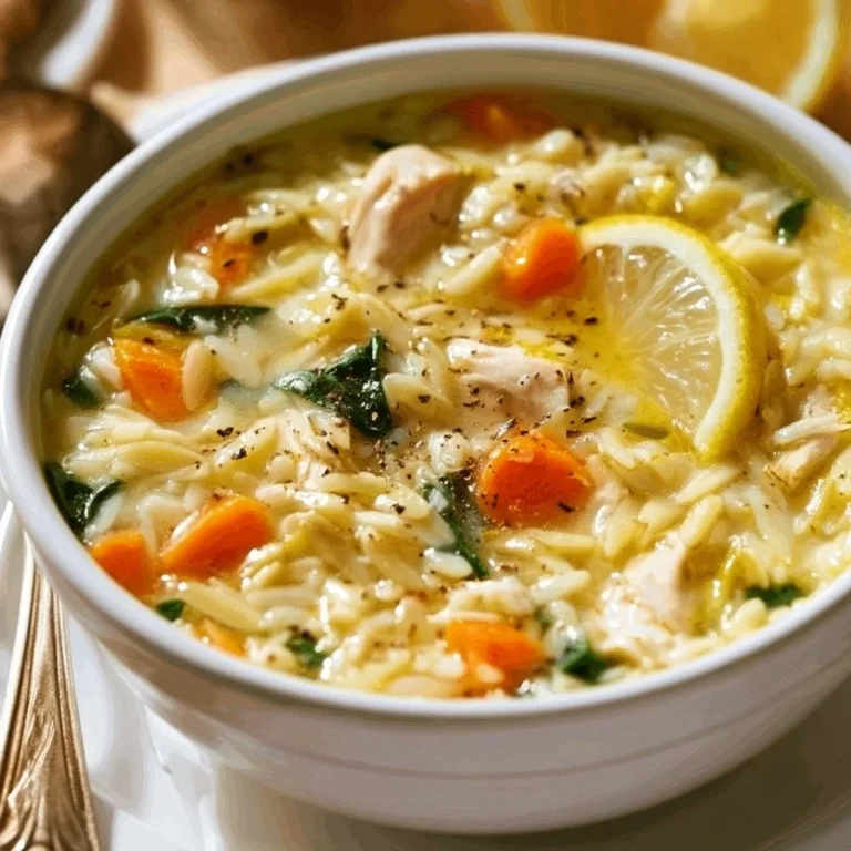 Bowl of Lemon Chicken Orzo Soup garnished with herbs and lemon slices