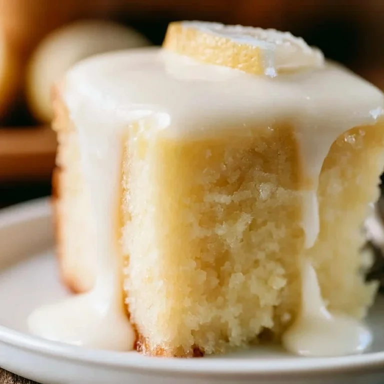 Slice of homemade lemonade cake topped with lemon icing and fresh lemon slices