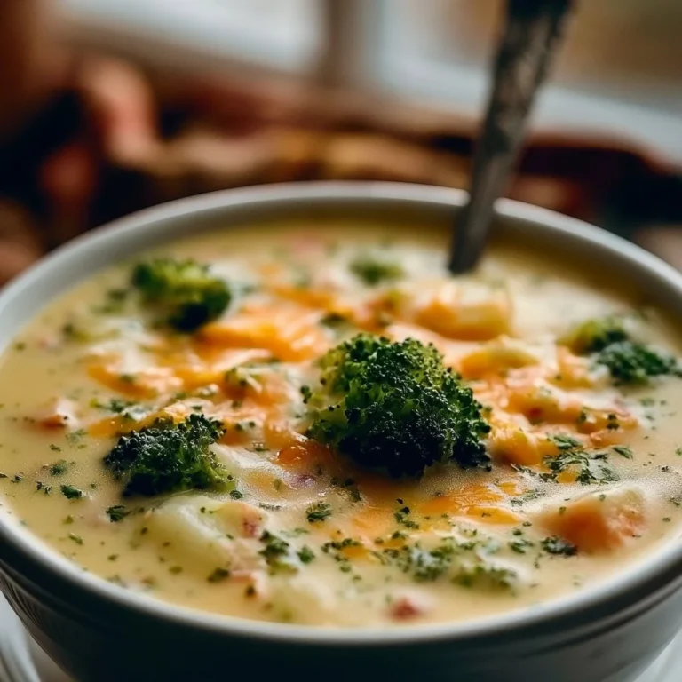 A bowl of loaded broccoli cheese potato soup topped with herbs and cheese.
