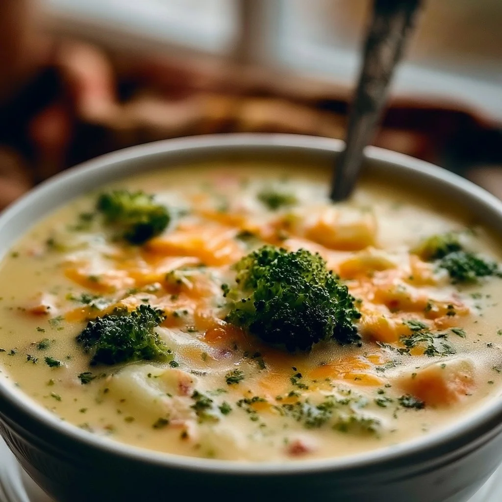 A bowl of loaded broccoli cheese potato soup topped with herbs and cheese.