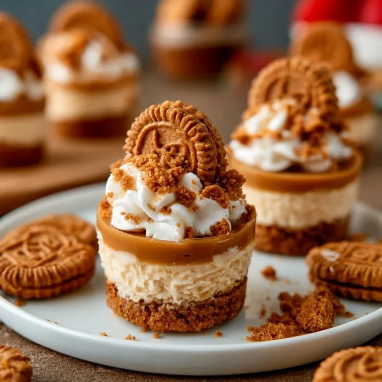 Delicious Lotus Biscoff cheesecake shots in small glasses topped with Biscoff crumbs.