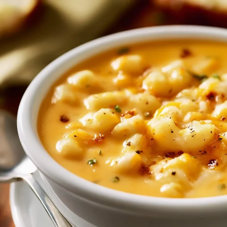 Bowl of creamy Mac and Cheese Soup topped with herbs and cheese.