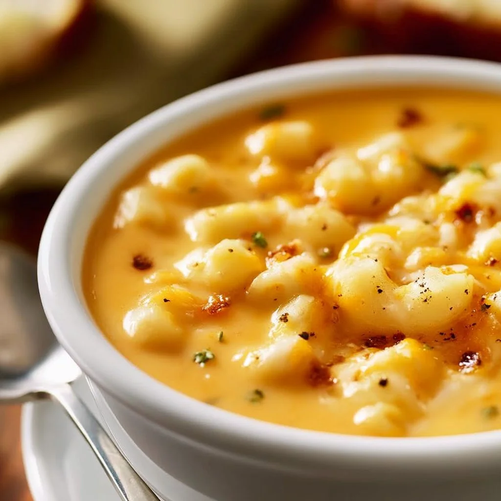 Bowl of creamy Mac and Cheese Soup topped with herbs and cheese.