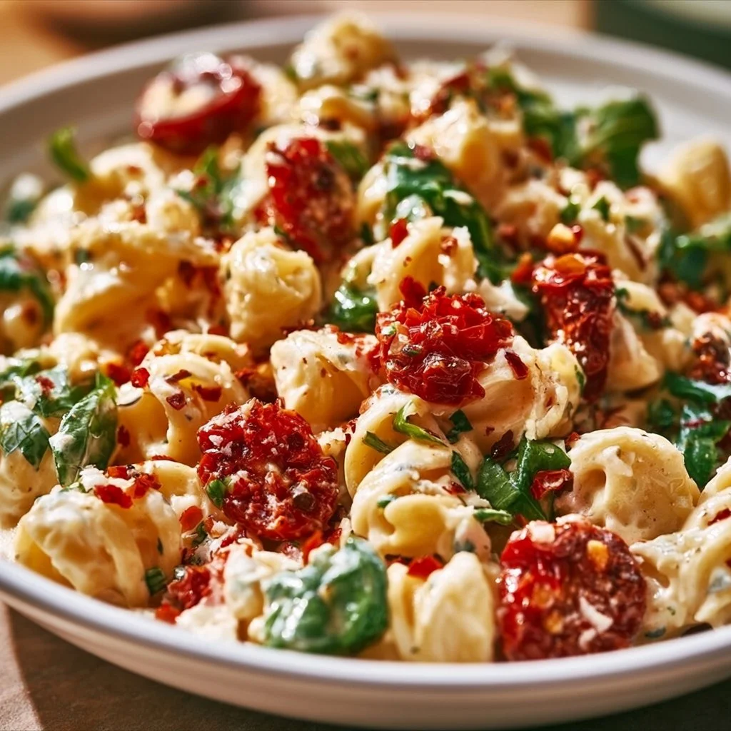 Marry Me Pasta Salad with colorful vegetables and pasta in a bowl