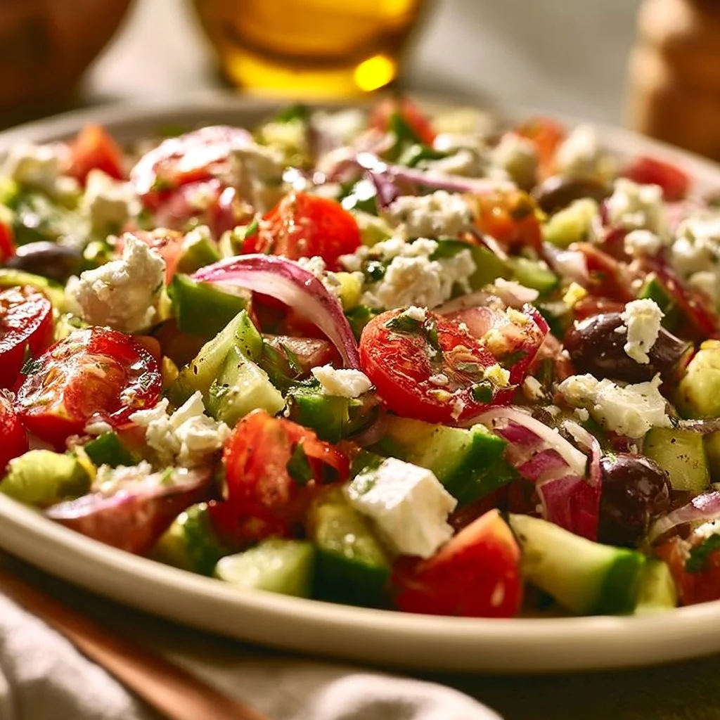 Mediterranean Salad with Greek Dressing featuring fresh vegetables and olives