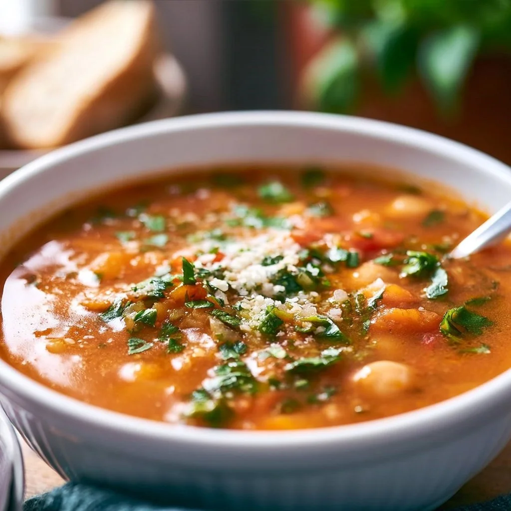 A bowl of Mediterranean soup filled with fresh vegetables and herbs.