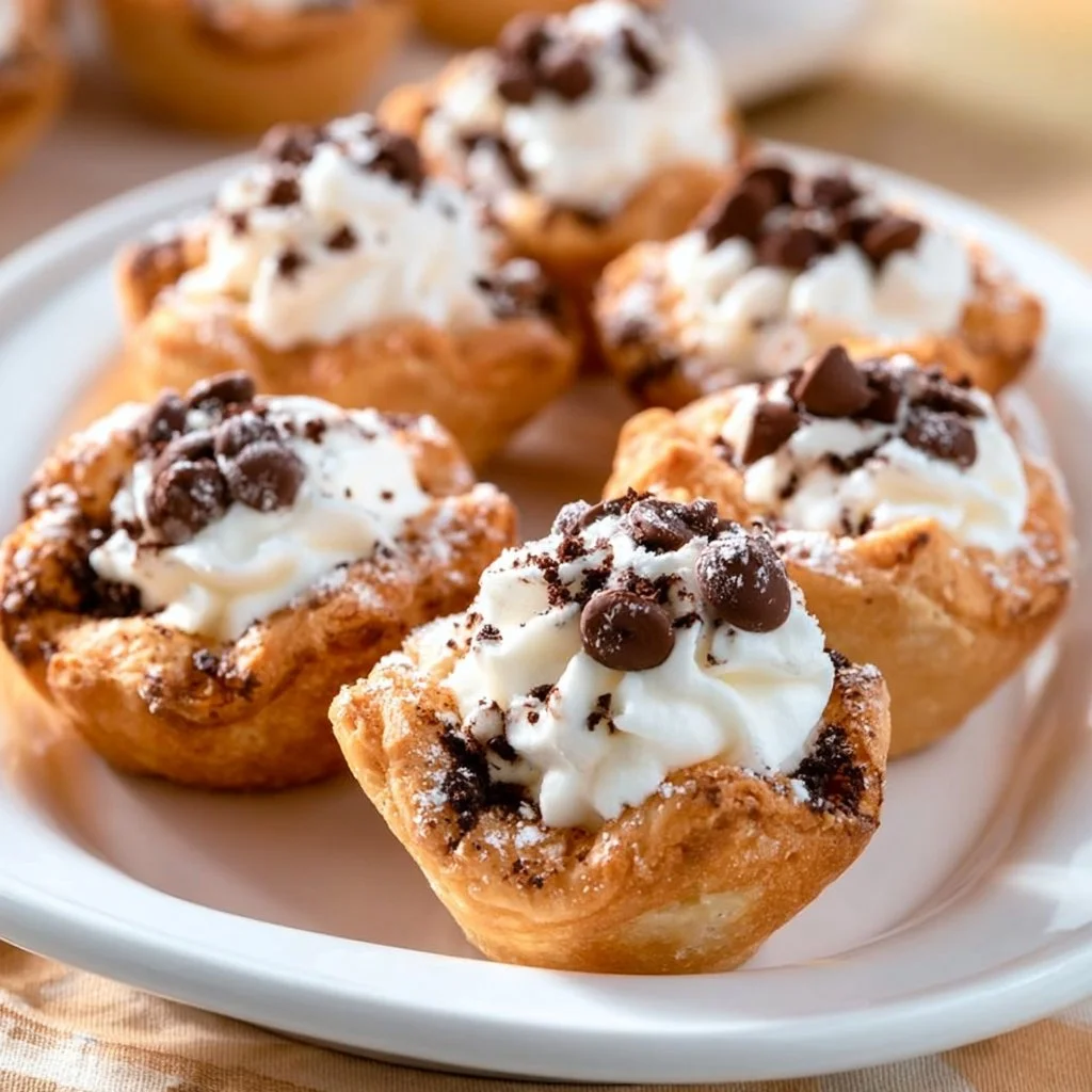 Mini cannoli cups filled with creamy ricotta and topped with chocolate chips.