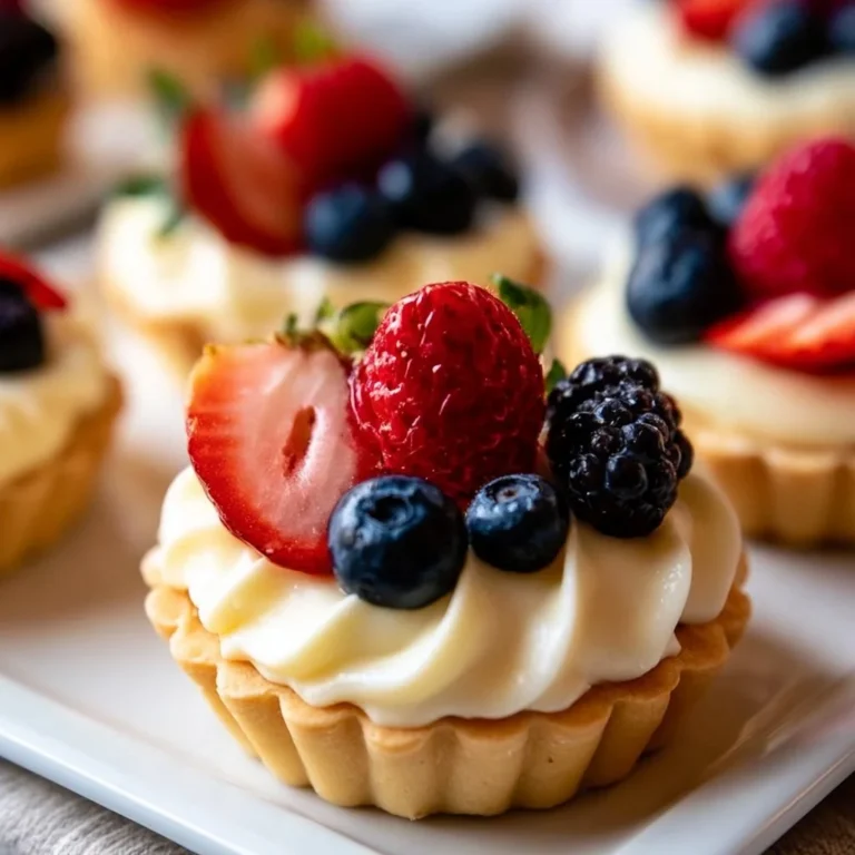 Assorted mini fruit tarts topped with fresh berries and kiwi on a plate