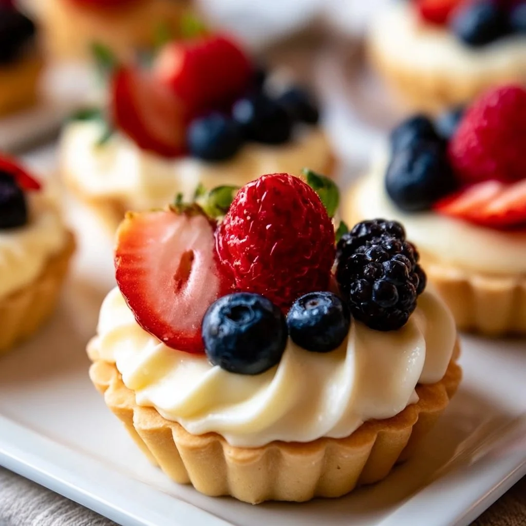 Assorted mini fruit tarts topped with fresh berries and kiwi on a plate