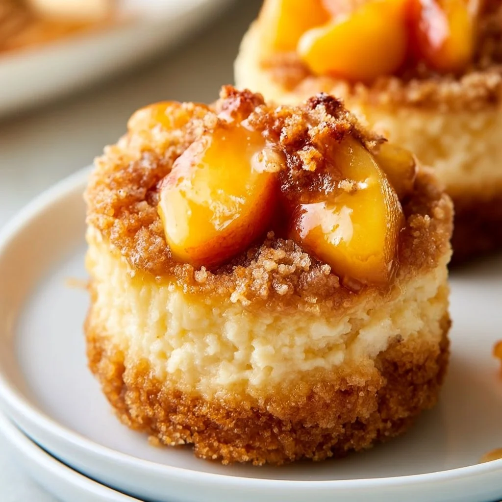 Mini Peach Cobbler Cheesecakes topped with peaches and a crumbly crust
