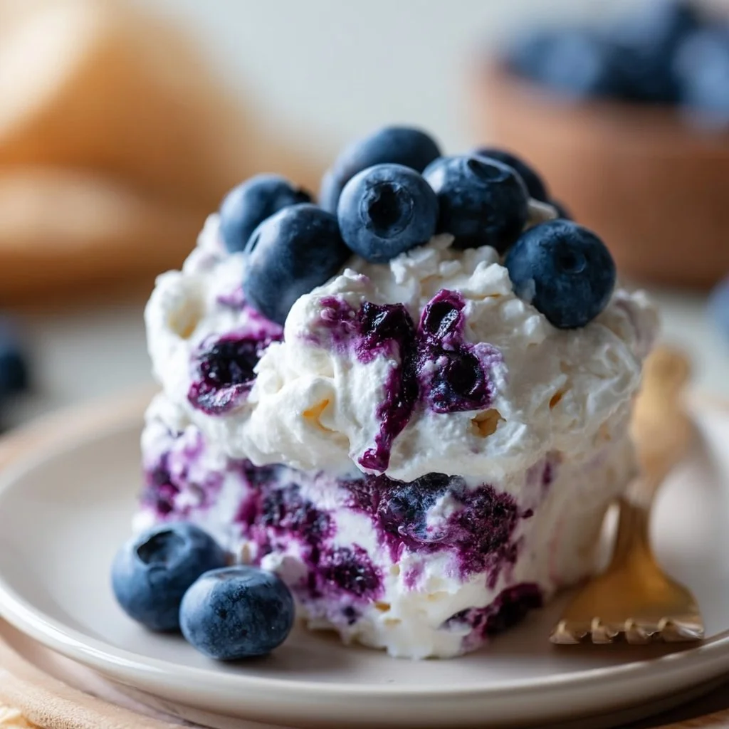 No-bake blueberry cheesecake fluff dessert in a glass