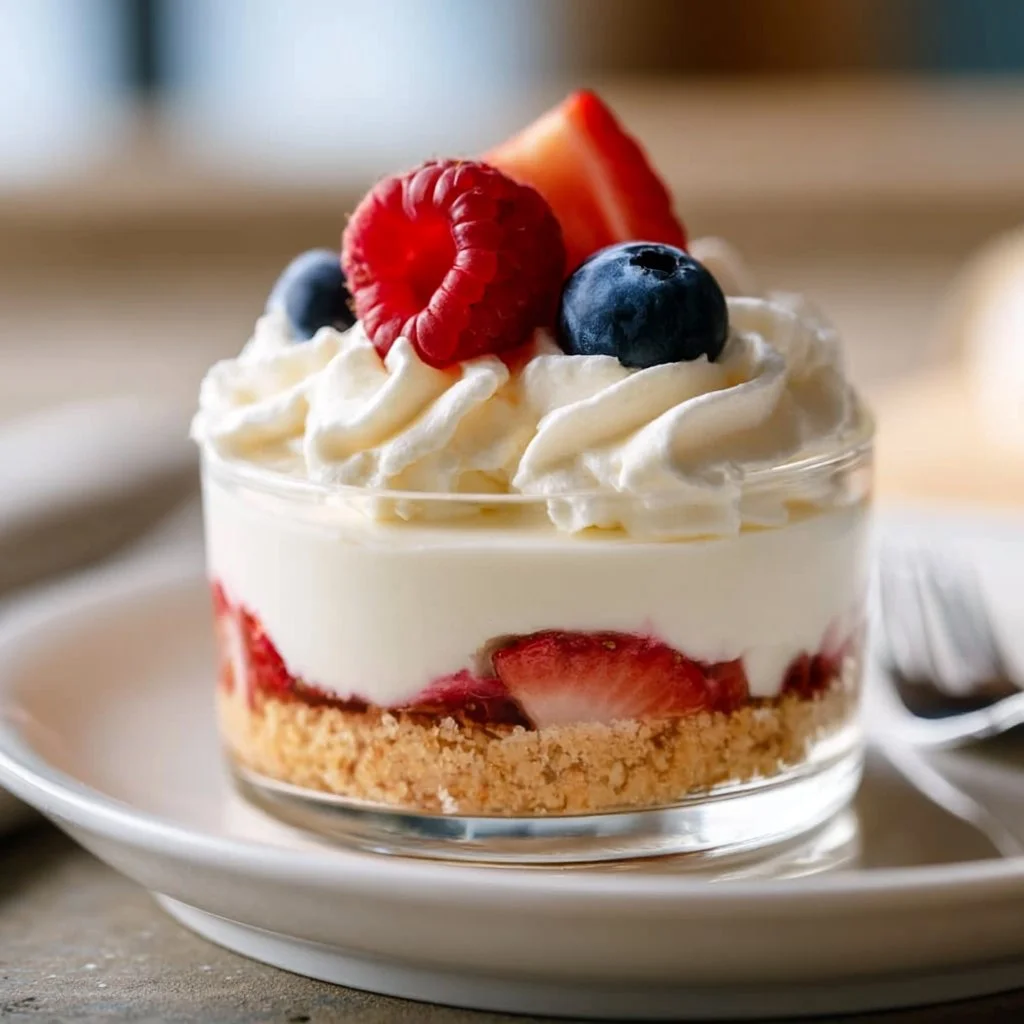 A delicious no-bake cheesecake parfait topped with fruits and whipped cream