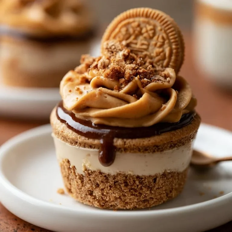 Delicious no-bake cookie butter cheesecake cups topped with cookie crumbs