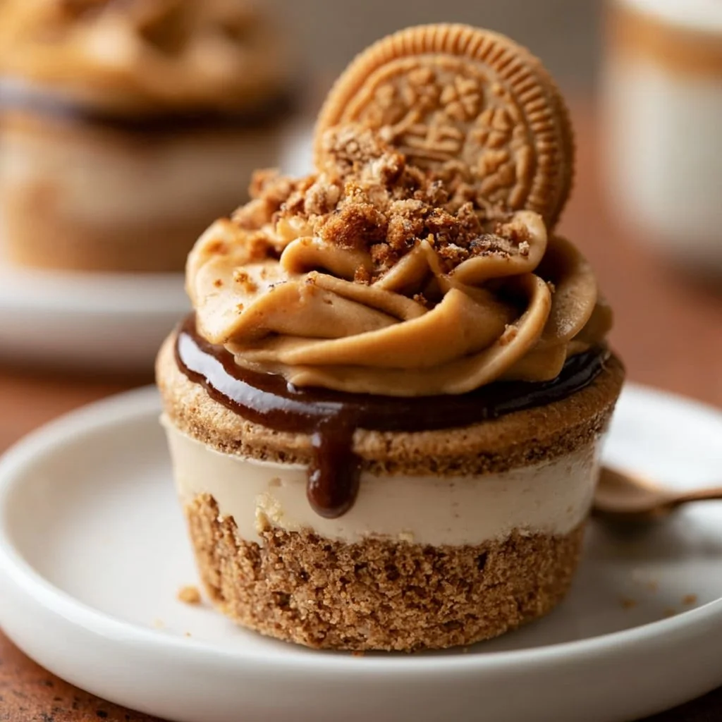 Delicious no-bake cookie butter cheesecake cups topped with cookie crumbs